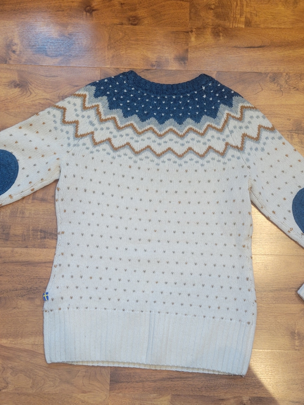Fjallraven Cream Fair Isle Crewneck Sweater with Blue Yoke and Brown Accents - Picture 4 of 5